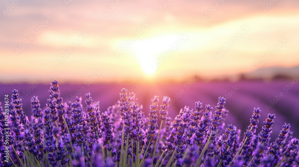 Fototapeta premium A serene lavender field blooms under a soft sunset, casting a warm golden hue across the landscape, creating a peaceful and picturesque scene.