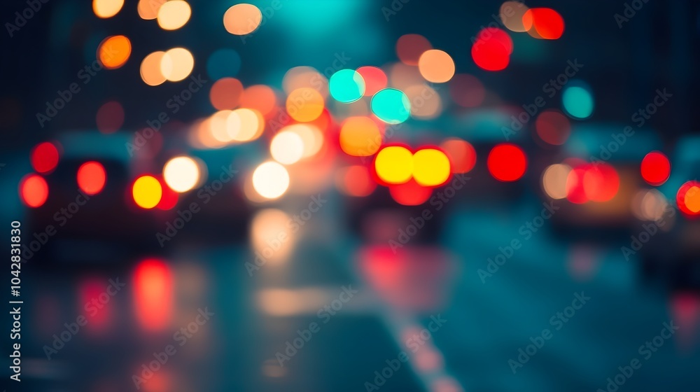 Fototapeta premium Vibrant Traffic Lights Bokeh in Blurred Night City Scene with Clear Center Space