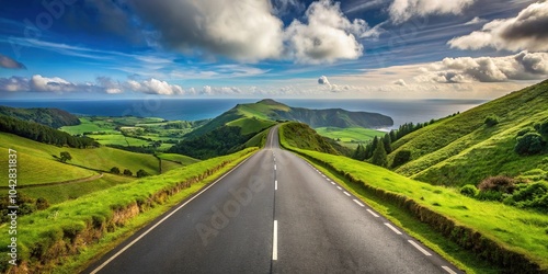 Landscape of a road on Flores Island in the Azores, perfect for travel destination images