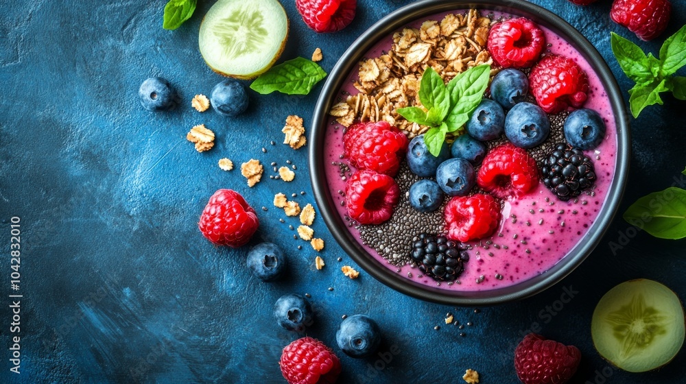 A vibrant bowl of berry smoothie topped with granola and fresh mint, surrounded by assorted raspberries, blueberries, and cucumber slices on a blue surface A vibrant bowl of berry smoothie topped with granola and fresh mint, surrounded by assorted raspberries, blueberries, and cucumber slices on a blue surface