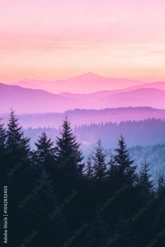 Obraz premium The early morning light reveals a breathtaking view of mist-covered mountains and lush evergreen forests, painted in pink and purple hues