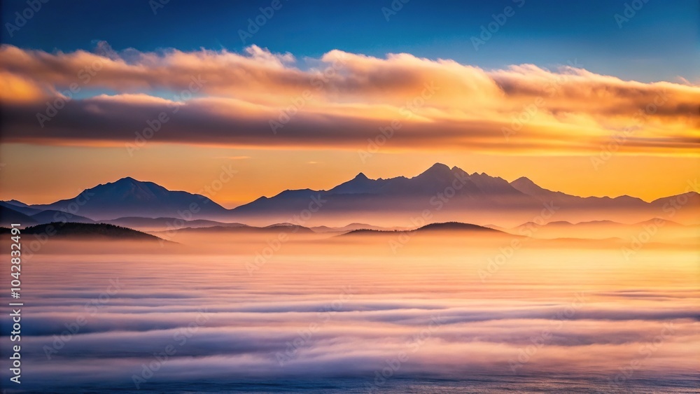 Fog covered distant mountains over the sea at dusk Fog covered distant mountains over the sea at dusk