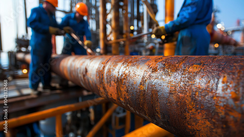 Offshore oil rig, closeup of maintenance workers inspecting rusted drill pipes, tools in hand photo