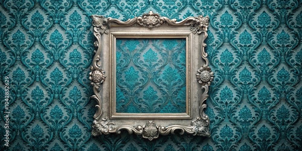 elegant antique silver frame on retro peacock blue wallpaper elegant antique silver frame on retro peacock blue wallpaper