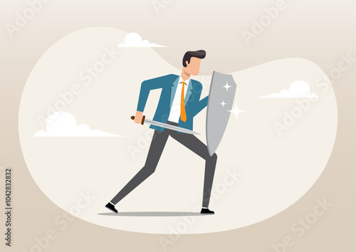 Businessman holding a sword and shield
