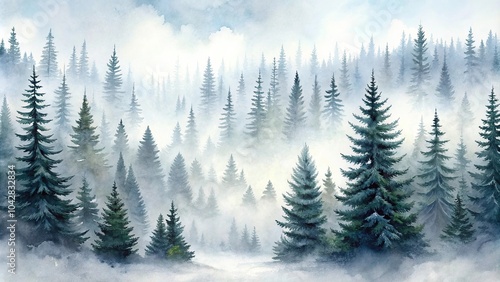 Foggy winter forest with spruces in watercolor style on white background