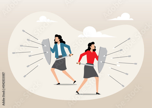business team using shields for selfdefense arrows attack