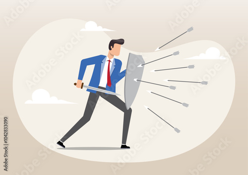 businessman holding a sword and shield for selfdefense arrows attack