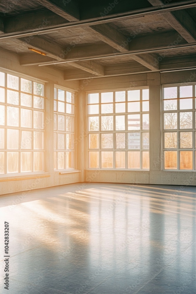 Obraz premium Empty Room with Large Windows and Skateboard