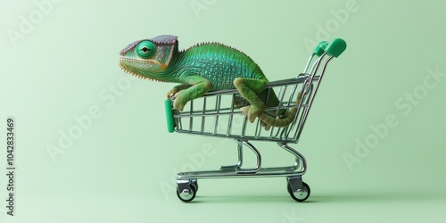 Colorful Chameleon on Shopping Cart Handle Against Light Green Background