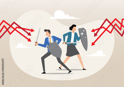 Business people holding sword and shield to cover and protect from downturn arrow