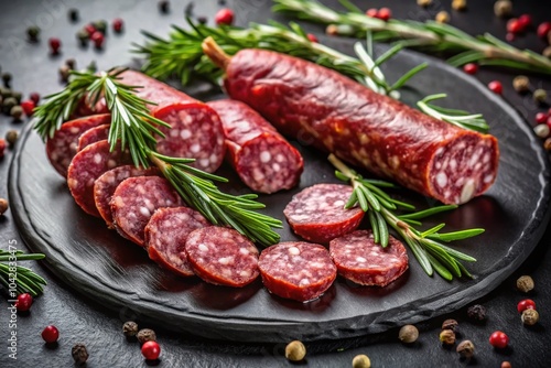 Fuet Sausage Slices on Black Plate with Peppercorns and Rosemary - Gourmet Charcuterie