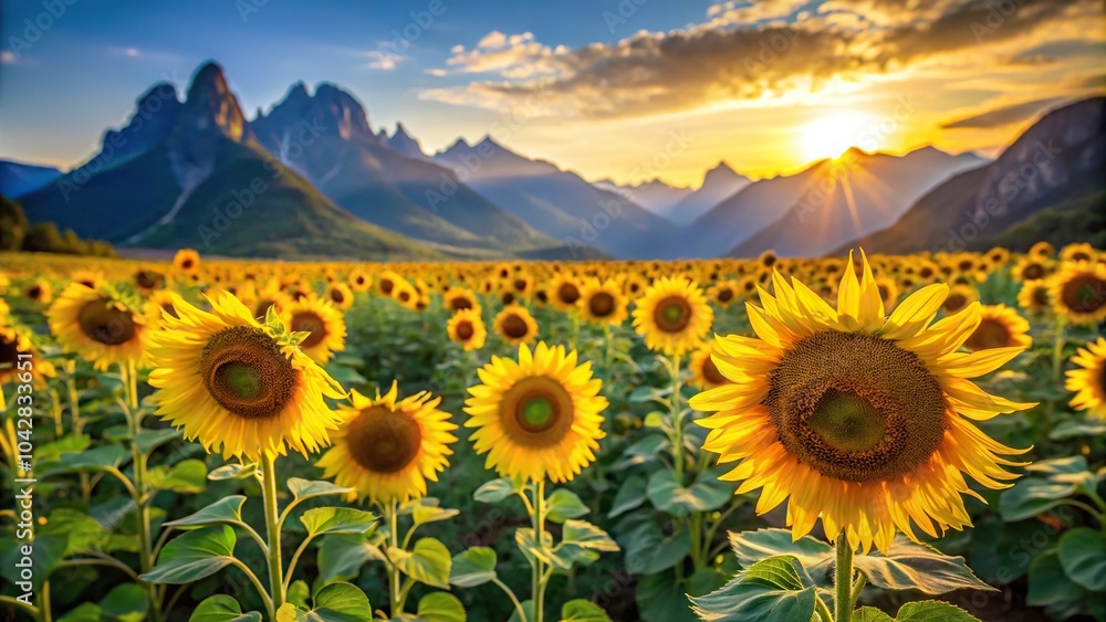 Fototapeta premium Landscape of sunflowers in field illuminated by sunlight, mountains in background