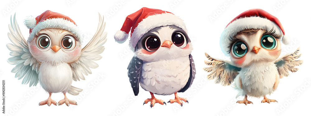 Fototapeta premium Cute Christmas Owls. Collection Set Illustration.on transparent, white background, isolate PNG