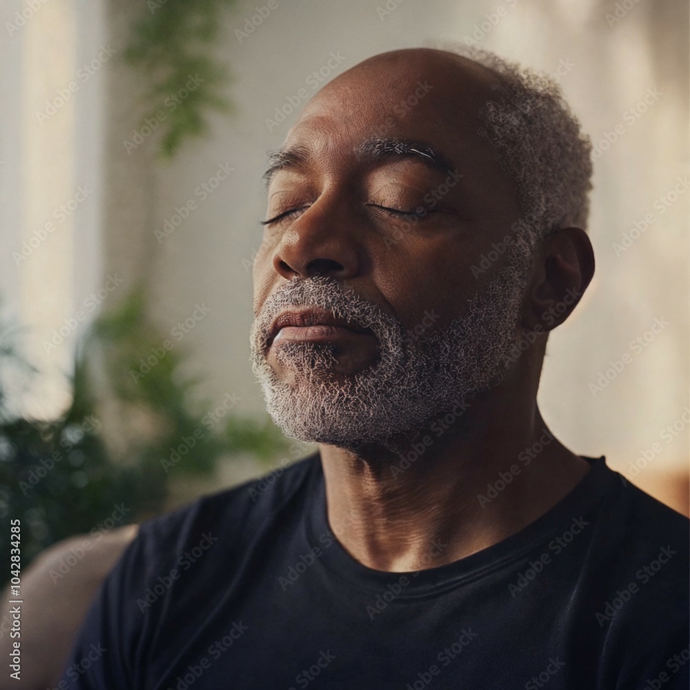 Obraz premium close-up portrait of senior lgtb person practicing yoga at home, meditating in relaxation