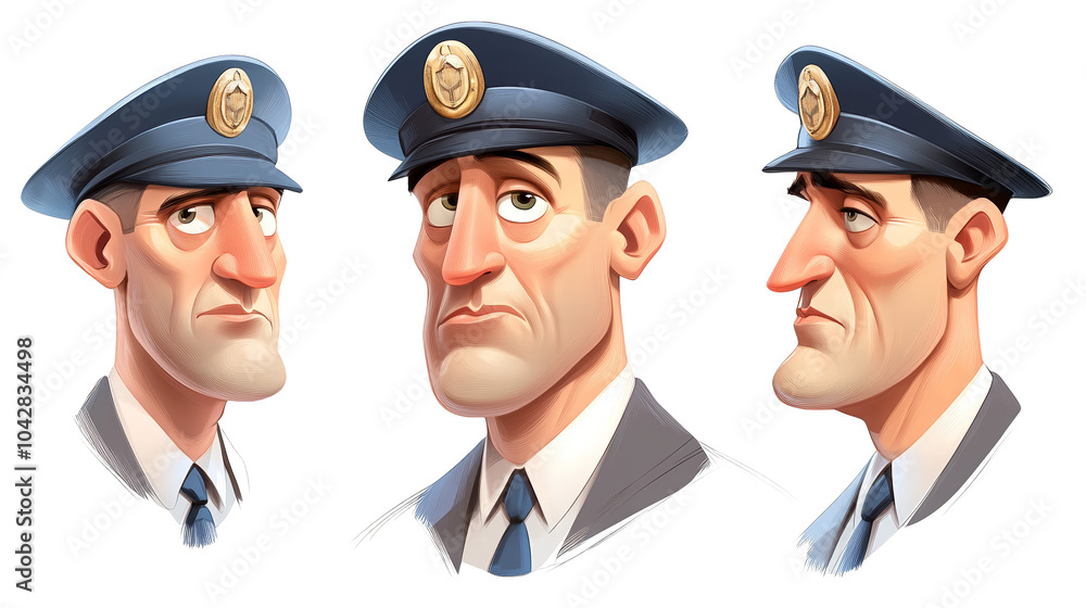 A stylized illustration of a cartoonish police officer shown in three different angles, highlighting facial expressions and uniform details. A stylized illustration of a cartoonish police officer shown in three different angles, highlighting facial expressions and uniform details.