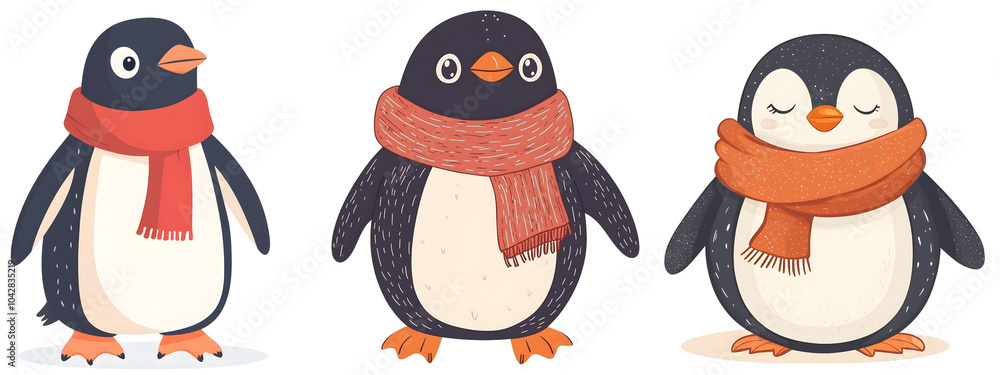 Fototapeta premium Three Cute Penguins Wearing Scarves. Collection Set Illustration.on transparent, white background, isolate PNG