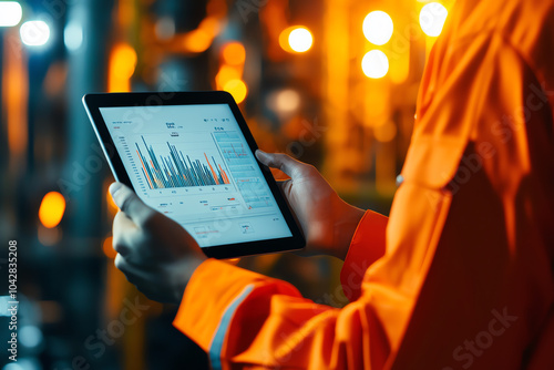 Crew on offshore rig using tablet to monitor drilling equipment, closeup of digital graphs and charts