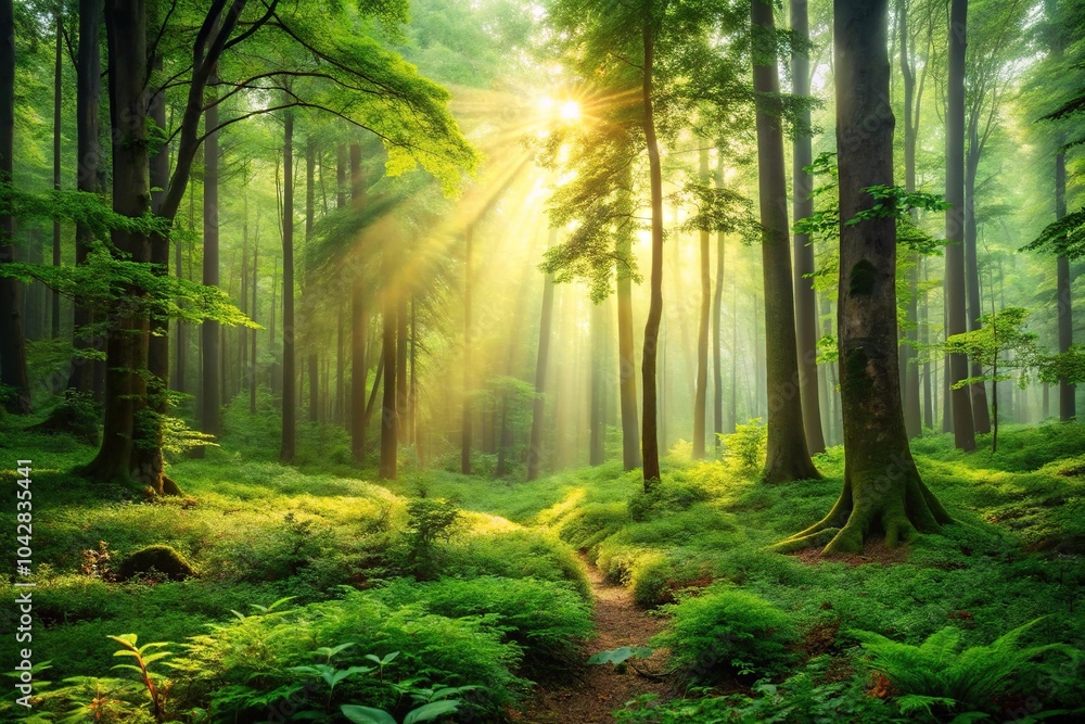 Enchanting forest background with dense woods and lush greenery, creating a depth of field effect Enchanting forest background with dense woods and lush greenery, creating a depth of field effect