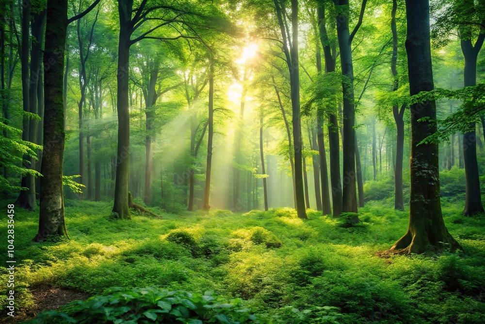Fototapeta premium Enchanting forest landscape with dense woods and lush greenery