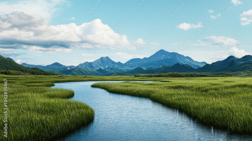 A serene landscape with a winding river flowing through lush green fields, surrounded by majestic mountains and a clear blue sky adorned with fluffy clouds. A serene landscape with a winding river flowing through lush green fields, surrounded by majestic mountains and a clear blue sky adorned with fluffy clouds.