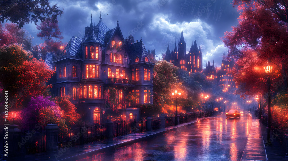 Obraz premium Rainy Night in a Mystical Town - Illustration