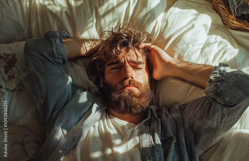 Obraz premium Bearded man waking up, covering eyes from light