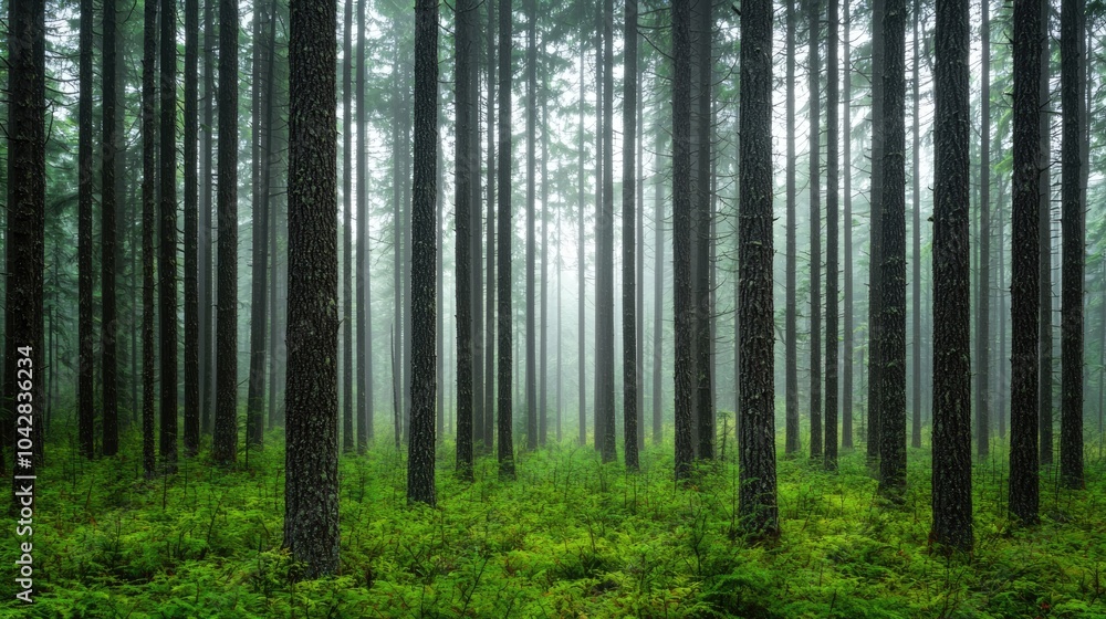 Fototapeta premium A serene forest scene shrouded in mist, featuring tall trees with textured bark and lush green undergrowth, creating a tranquil atmosphere.