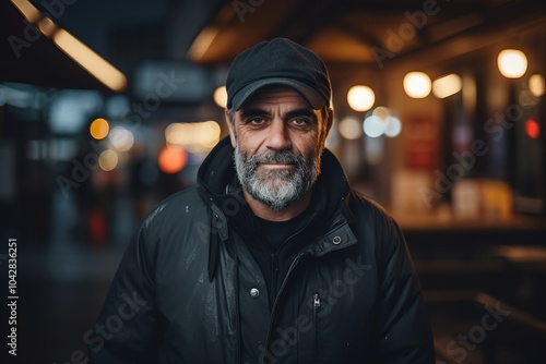 Portrait of a bearded old man with a gray beard in a black jacket in the city.