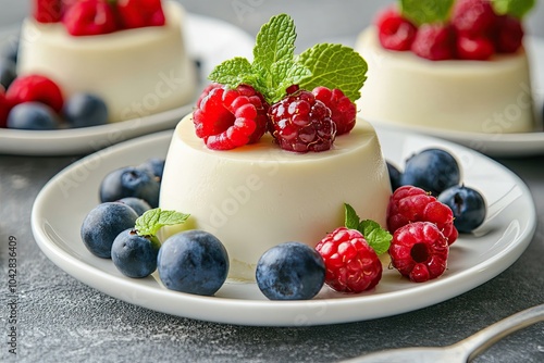 Creamy White Dessert Topped with Raspberries, Blueberries, and Mint