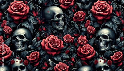  pattern with skulls and red roses on a dark background, ideal for fabric, wallpaper, or Halloween-themed designs