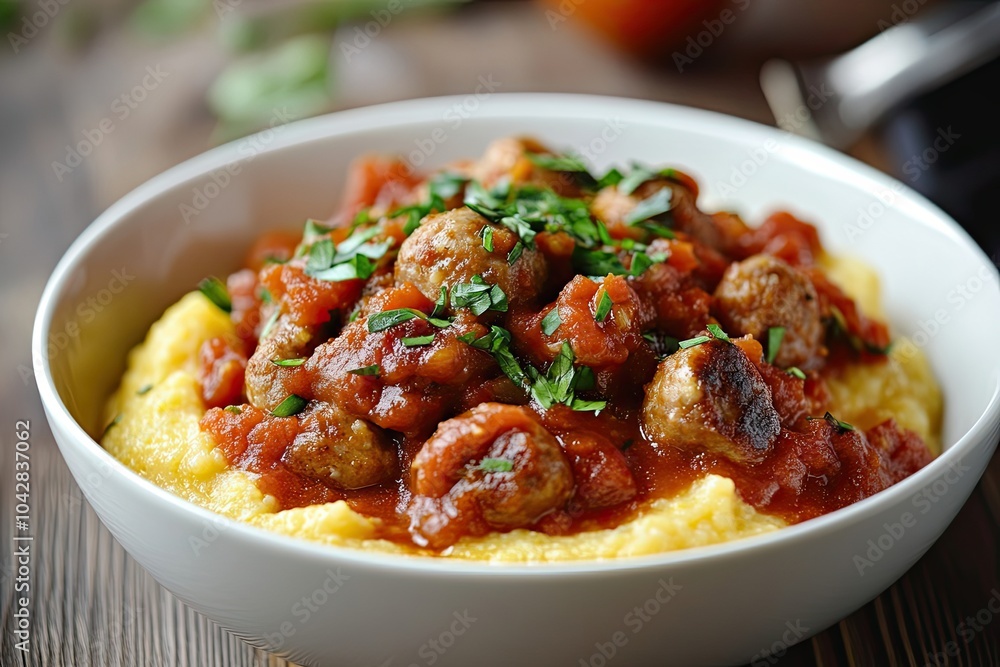 Close-up of Polenta with Tomato Sauce and Meatballs, Garnished with Parsley Close-up of Polenta with Tomato Sauce and Meatballs, Garnished with Parsley