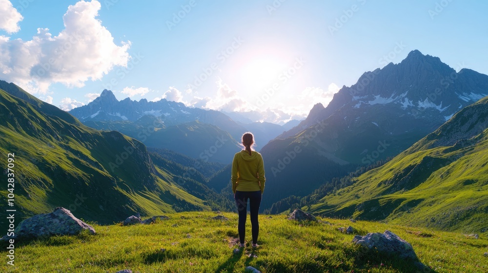 Fototapeta premium A person stands in a lush valley, gazing at majestic mountains under a bright sun, capturing the essence of adventure and nature.