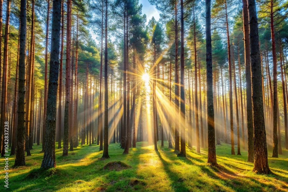 Fototapeta premium Forced perspective image of sunlight streaming through European pine forest