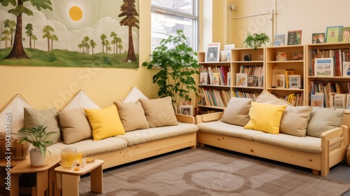 modern living room with sofa. A warm and cozy reading room in kindergarten.