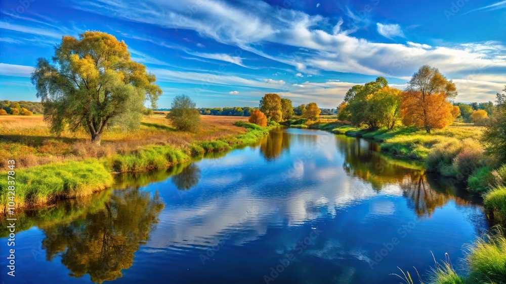 landscape with river and blue sky cloud reflection in the water early autumn in the countryside landscape with river and blue sky cloud reflection in the water early autumn in the countryside