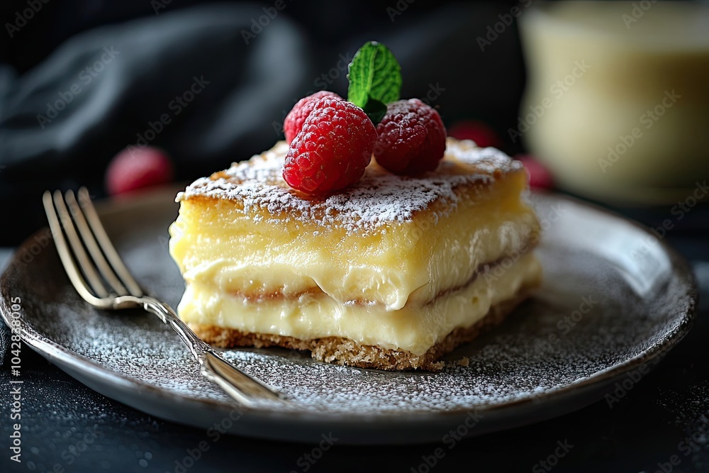 A Slice of Lemon Tart with Raspberries and Powdered Sugar A Slice of Lemon Tart with Raspberries and Powdered Sugar