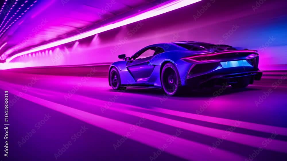 A state-of-the-art car model navigates a brightly lit tunnel filled with neon blue and purple colors at remarkable speed. The modern dark supercar races along the highway, exemplifying the thrill of h A state-of-the-art car model navigates a brightly lit tunnel filled with neon blue and purple colors at remarkable speed. The modern dark supercar races along the highway, exemplifying the thrill of h