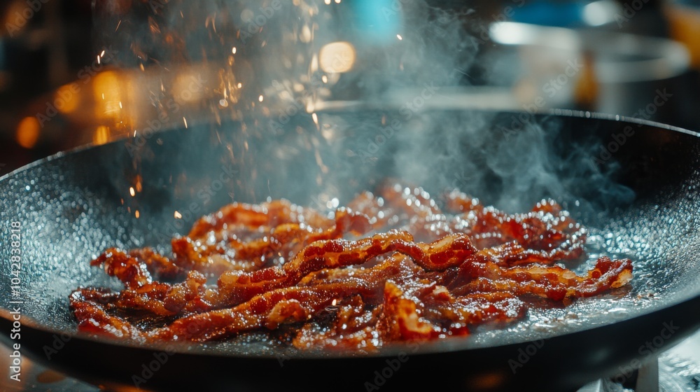 Sizzling Bacon in a Pan with Smoke and Sparks Sizzling Bacon in a Pan with Smoke and Sparks
