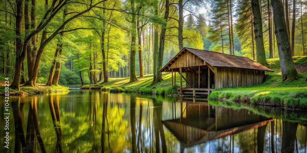 Fototapeta premium Landscape with stable, forest, and river viewed from a low angle