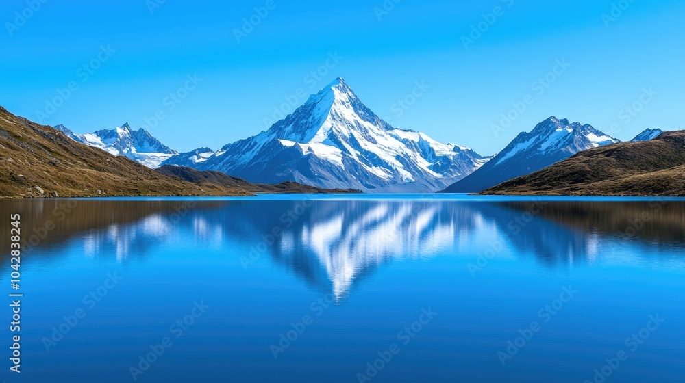 A serene mountain landscape reflecting in a calm blue lake under a clear sky, showcasing nature's beauty and tranquility. A serene mountain landscape reflecting in a calm blue lake under a clear sky, showcasing nature's beauty and tranquility.