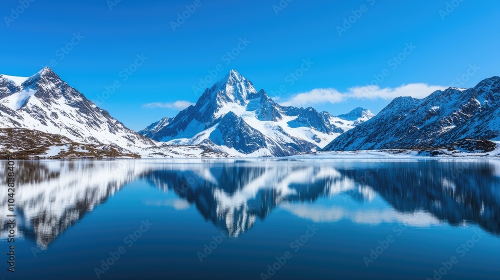 custom made wallpaper toronto digitalA stunning mountain landscape reflected in a serene lake under a clear blue sky, showcasing snow-capped peaks and tranquil waters.