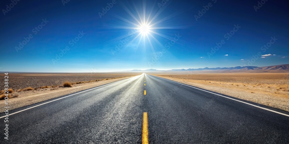 Naklejka premium Empty asphalt road in the dry desert under the blue sky and hot sun with depth of field