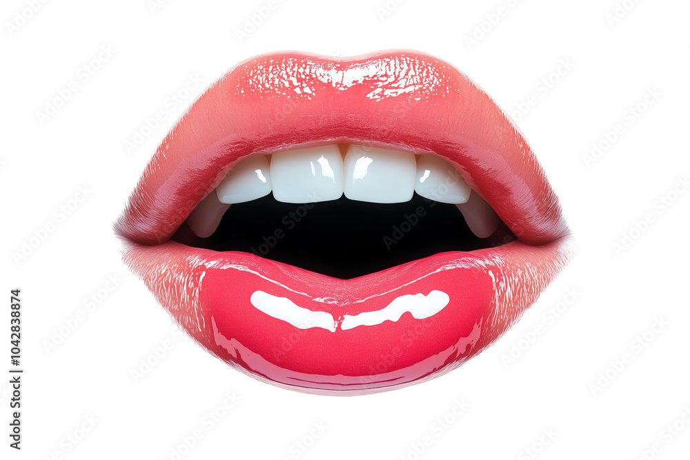 Obraz premium Close-up of glossy lips with bright red lipstick, revealing white teeth. High detail and vibrant color make for a striking visual. Isolated PNG transparent background.