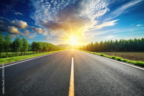 Empty asphalt road with sunlight background extreme close-up