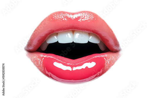 Close-up of glossy lips with bright red lipstick, revealing white teeth. High detail and vibrant color make for a striking visual. Isolated PNG transparent background.