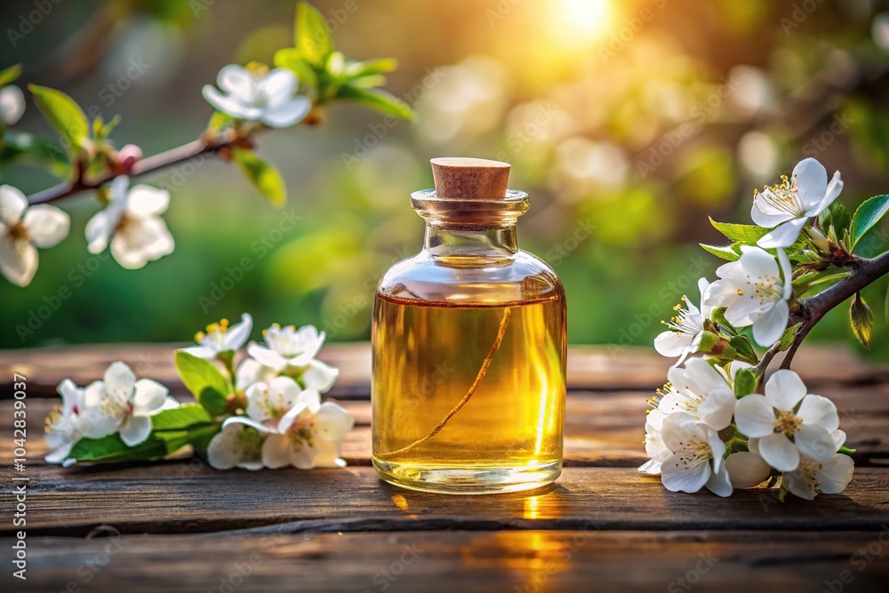 Forced perspective oil bottle with a floral blossom on a stem of an aromatic tree Forced perspective oil bottle with a floral blossom on a stem of an aromatic tree