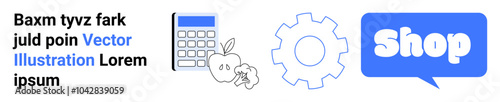 Set of four elements including a calculator, apple, gear, and a shop symbol in a speech bubble with placeholder text. Ideal for ecommerce, education, technology, business, and online shopping. Banner