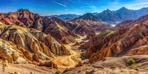 Forced perspective panorama of mountains in Taba colored canyon