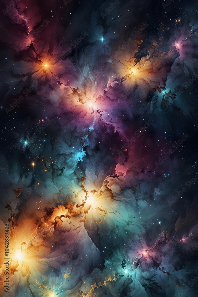 Abstract fractal patterns resembling galaxies in watercolor style